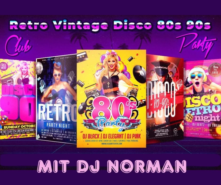 Werbeflyer für die 80er/90er Party in der Klangbar Bergedorf ab 20:30 Uhr mit DJ Norman 